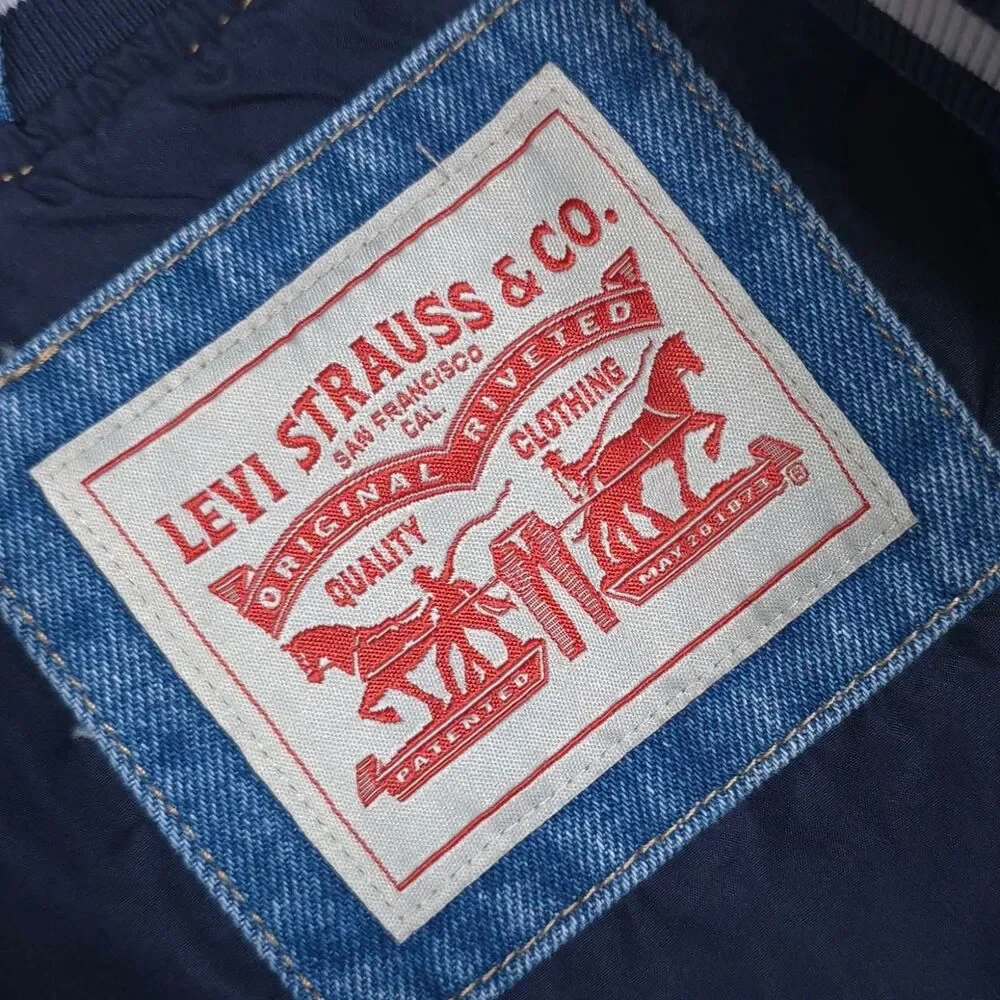 Levi's New Men's Full Zip Varsity Denim Bomber Jacket‎ LARGE Ribbed Knit Hem